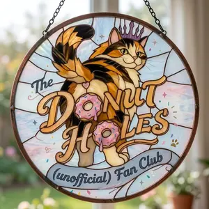 The Donut Holes Fan Club Stained Glass Suncatcher, Dungeon Crawler Carl Window Hanging, Princess Donut and Mongo Wall Decor, Cat Lover Gift