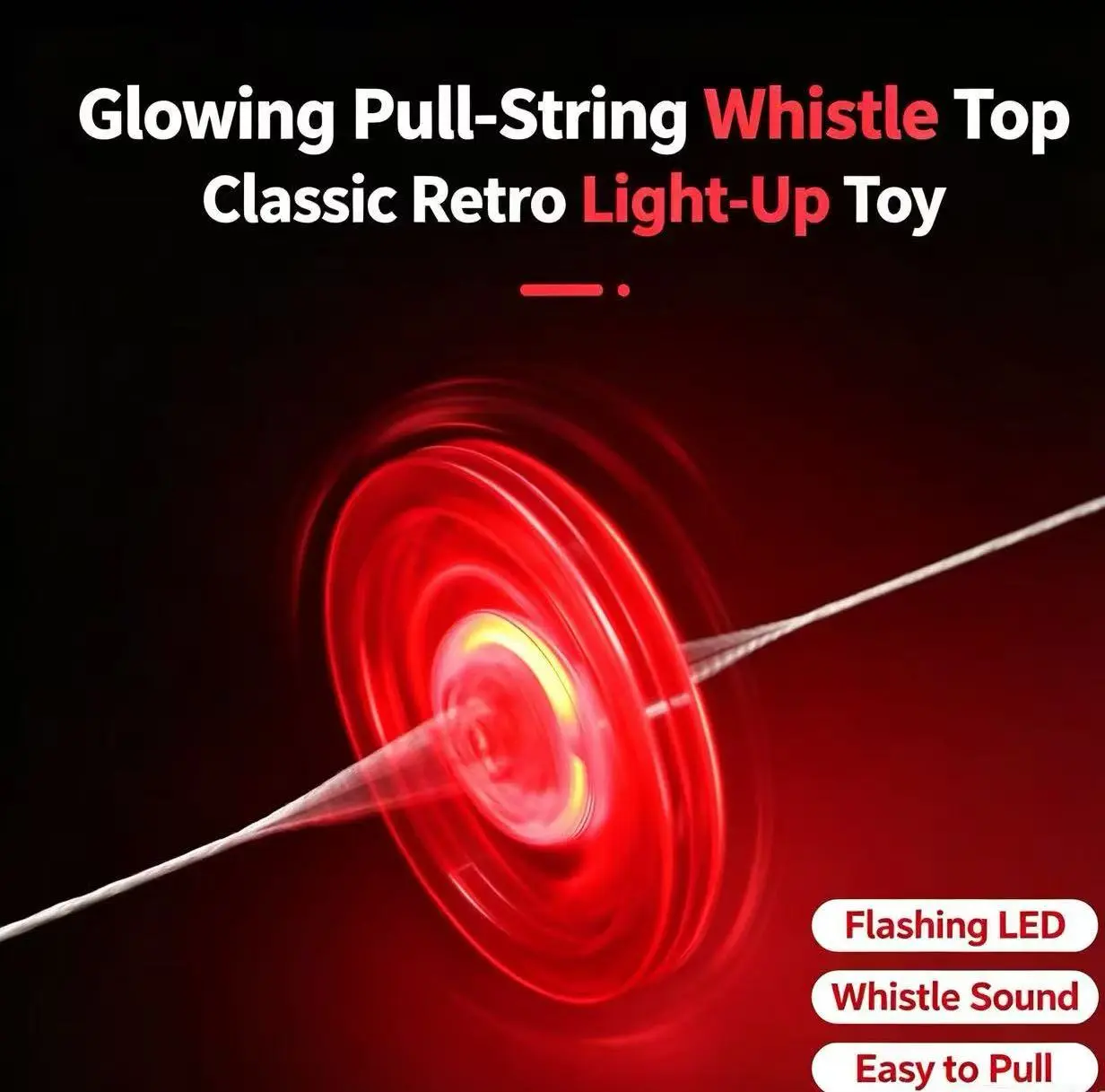 Retro 3-Piece Pull-String LED Flashing Spinning Top Toy Set - Lightweight Plastic, Glowing Whistle Gyro, Classic Stress Relief Toy for 4+ Kids