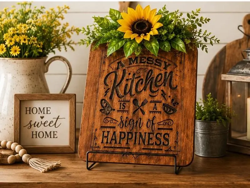 Sunflower Kitchen Decor | A Messy Kitchen Is A Sign Of Happiness | Farmhouse Kitchen Sign | Housewarming Gift | Rustic Home Decor