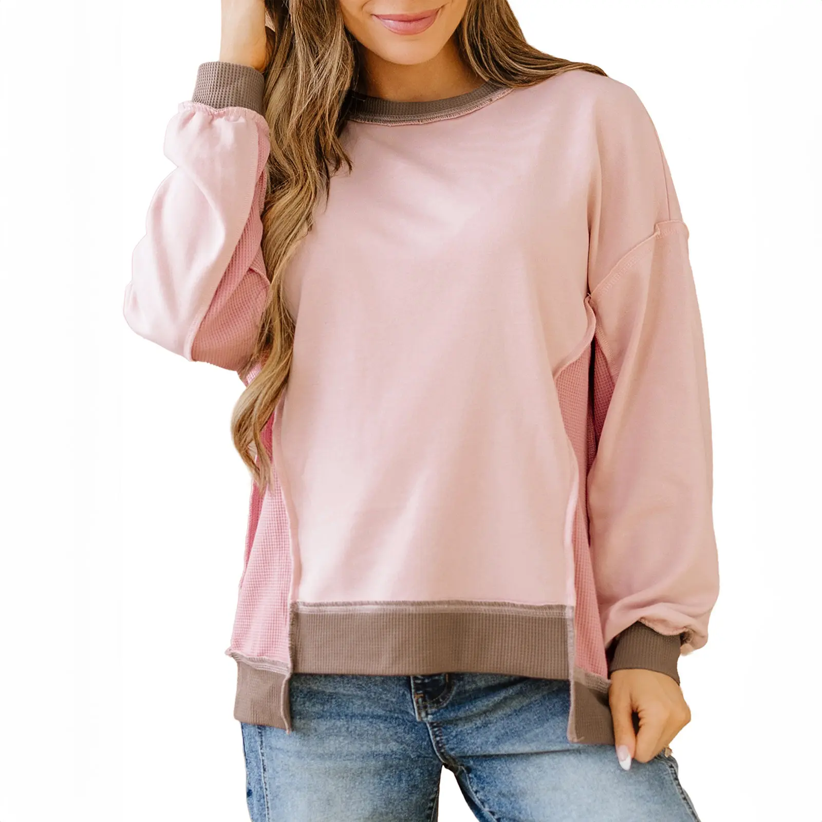 Asvivid Women Color Block Tops Waffle Patchwork Oversized Sweatshirt-Mix Texture Casual Loose Pullover