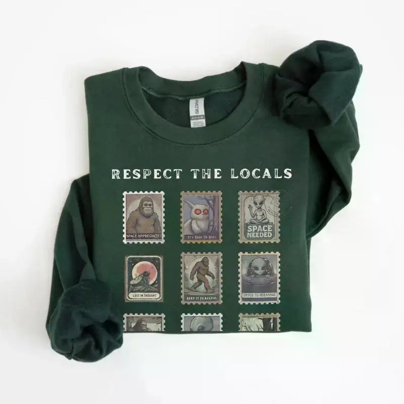 Respect the Locals Cryptid Sweatshirt, Vintage Camping Graphic Shirt, Bigfoot Mothman Alien Shirt, Weirdcore Hiking Gift for Outdoor Adventure Fans