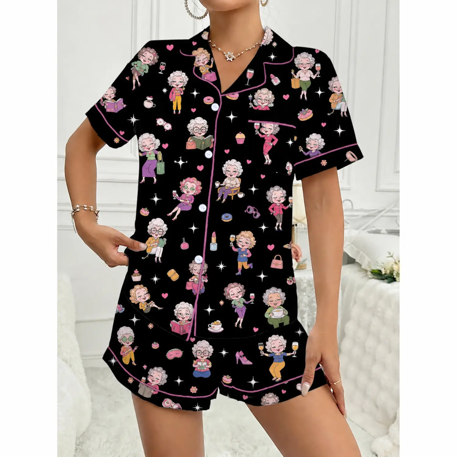 Black Cartoon Print Pajama Set - Short Sleeve Loungewear for Cozy and Relaxing Nights