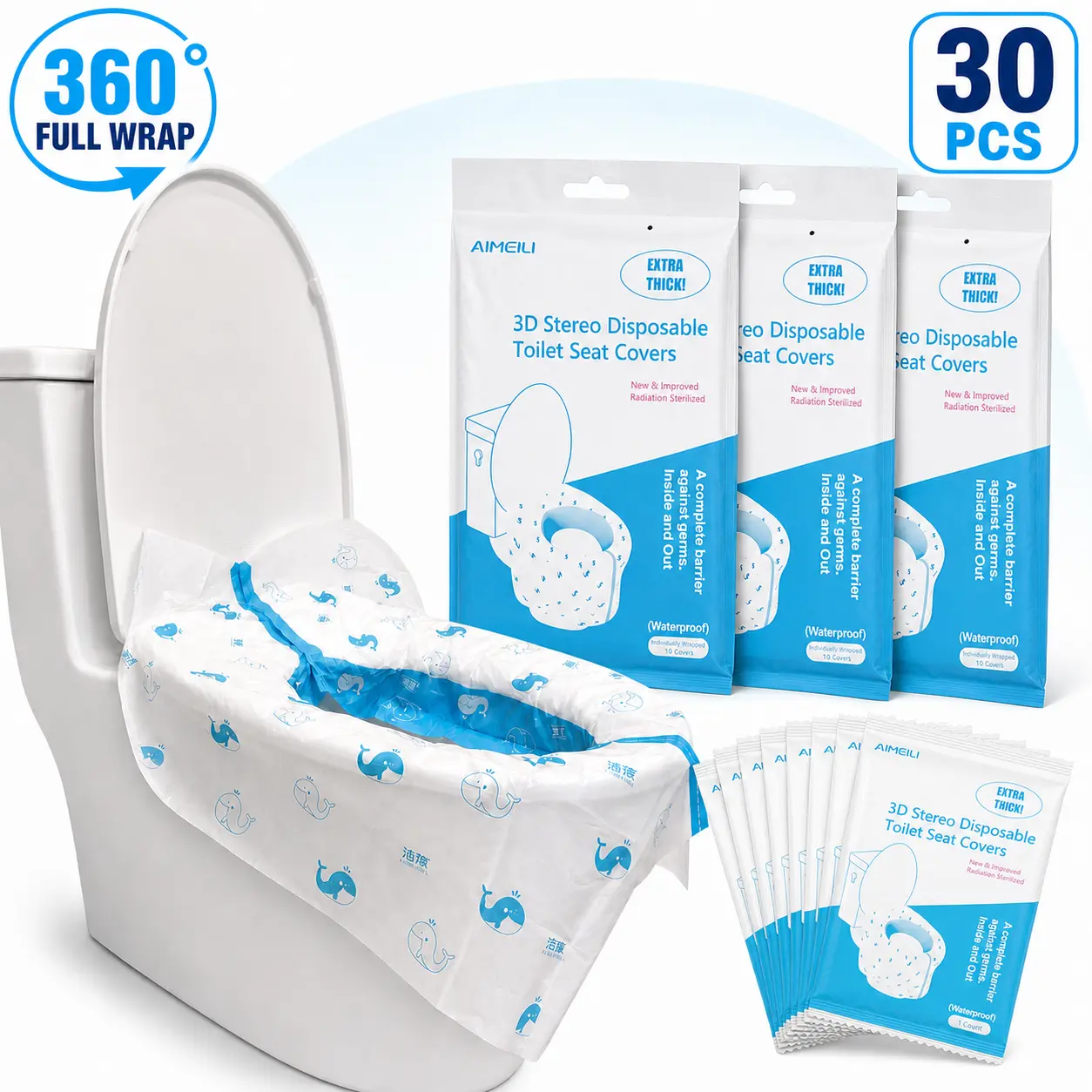 3D Toilet Seat Covers Disposable Sterilized - 360° Full Wraparound | Safe for Adults and Kids Potty Training & Effectively Blocks Germs, Waterproof & Durable & Thick, 28x18" Extra, Individually Wrapped for Travel, Public Restroom, Camping