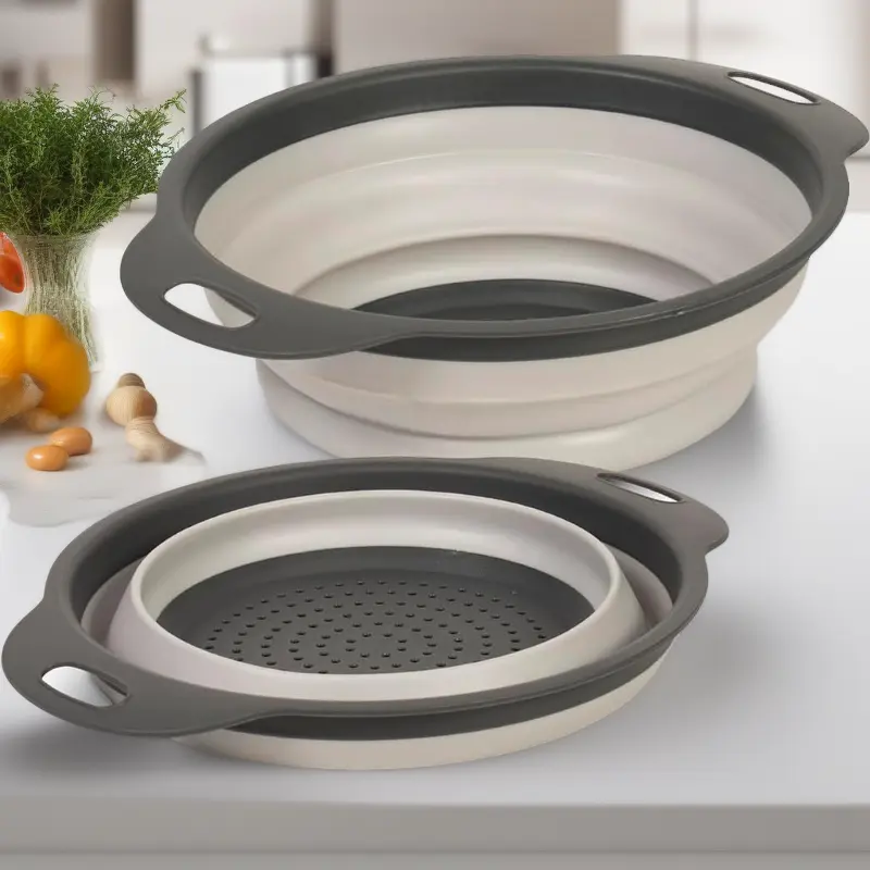 Collapsible Plastic Colander Strainer Utensil, 2L Round Foldable Drainer Basket, Small for Vegetables & Fruits, Space-Saving Kitchen Storage Solution, Utensils