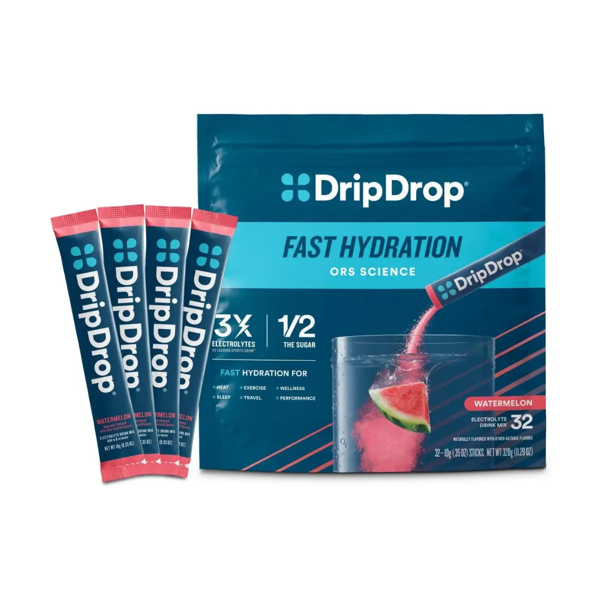 DripDrop Hydration Watermelon Electrolyte Drink Mix Packets, 32 Single-Serve Portable Packets with 3X Electrolytes, Potassium, Magnesium, Zinc, Vitamin C for Daily Use, Workouts, Travel