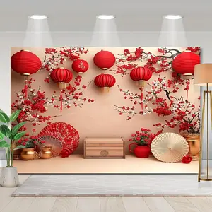 1PC,2D Flat Chinese New Year Plum Blossom Lantern Decorative Tapestry, Festive Festival Background Cloth, Home Bedroom Living Room Hanging Blanket, Photo Shooting Backdrop Wall Cloth, New Year Atmos