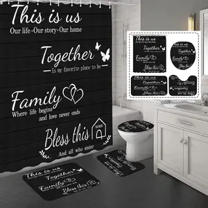 4Pcs Family Shower Curtain Sets with Non-Slip Rugs, Toilet Lid Cover and Bath Mat, Black Home Bathroom Decor Set Accessories Waterproof Shower Curtains with 12 Hooks, 72 x 72 Inch
