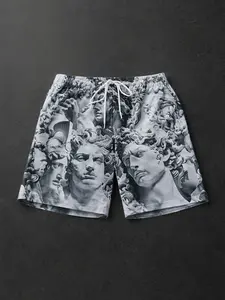 Mens statue print drawstring shorts monochrome Comfortable above knee fit for festival weekends playoff watch parties and late spring travel featuring allover marble face artwork elastic waist fluid movement and bold front panel visual impact