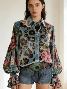 Bohemian Velvet Burnout Shirt - Puff Sleeve Floral Print Button-Down Blouse for Women Vintage Victorian Ruffle Cuff Top