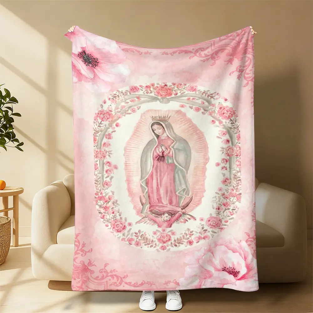 Our Lady Of Guadalupe Pink Watercolor Throw Blanket, Virgin Mary Rose Bow Floral Religious Fleece Blanket, Soft Warm Blanket For Sofa Bed Couch Office Nap, Holiday Birthday Christmas Gift For Latina Catholic Faith Believers