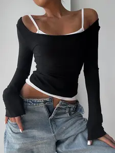 Colorblock Two-Piece Set One-Shoulder Versatile Slim-Fit T-Shirt Top, Casual Streetwear Patchwork Design, Perfect for Everyday Wear Womenswear