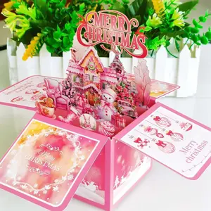 1 piece - Christmas card ornament, pink snowman invitation letter, non electric 3D box creative paper carving handwritten pop-up card, suitable for inviting friends as props and gifts during holidays