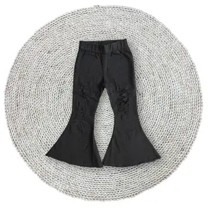 Baby Girls Cowgirls Western Black Distressed Stretchy Bell Bottom Denim Jeans Pants Trousers