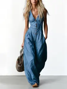 Light Blue Sleeveless V-Neck Button Wide-Leg Jumpsuit Women'S Style | Casual Relaxed Minimalist Chic Perfect for Daily Outings & Light Commuting & Weekend Strolls