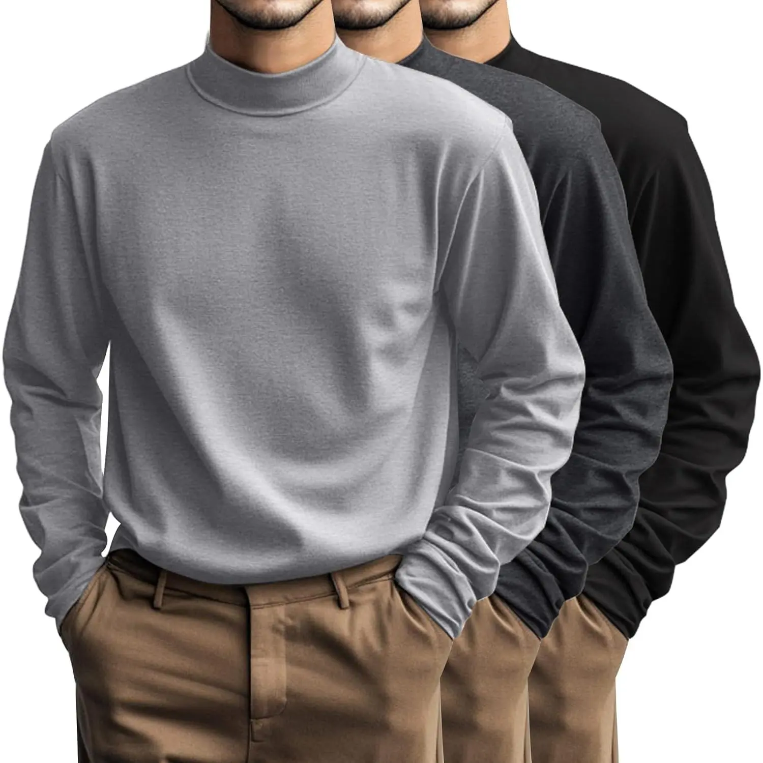 Men's 3-Pack Big & Tall Soft Stretch Classic Cotton Turtleneck Long Sleeve Loose Fit Plus Size Casual Basic Menswear Tops, Garment, Layer, Stylish