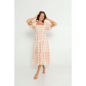 Elena 100% Cotton Gingham Midi Dress in Dusty Pink - Bump Friendly & Inclusive Sizing