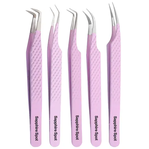 Sapphire Spot 5pcs Professional Fiber Tip Lash Tweezers Set - Stainless Steel Precision Eyelash Extension Tweezers for Volume & Isolation Compact
