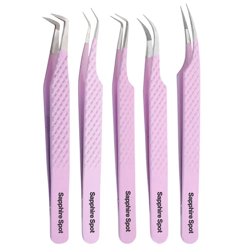 Sapphire Spot 5pcs Professional Fiber Tip Lash Tweezers Set - Stainless Steel Precision Eyelash Extension Tweezers for Volume & Isolation Compact
