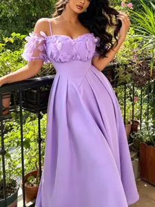 Plus Size Halter Backless Dress, Floral 3D Flower Decoration Waist Cinch A-Line, Elegant Slimming Party Date Dress, Magical Look, Womenswear