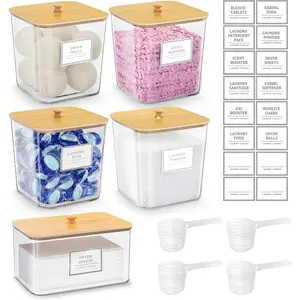 Laundry Pods Container, 4+1 Set Clear Bins with Bamboo Lids for Detergent Pods, Scent Beads & Dryer Sheets, Includes 16 Labels and 3 Measuring Scoops