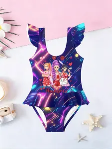 Girls' Cartoon Anime Print One-Piece Swimsuit, Ruffle Hem Swimwear, Casual Sleeveless Design, All over Print, Swimwear Bathing Suits