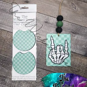 Green Checkered Print Skeleton Rock On Car Hanging Air Freshener Freshie Car Accessories Car Charm Matching Car Coasters Set Christmas Gift Stocking Stuffer