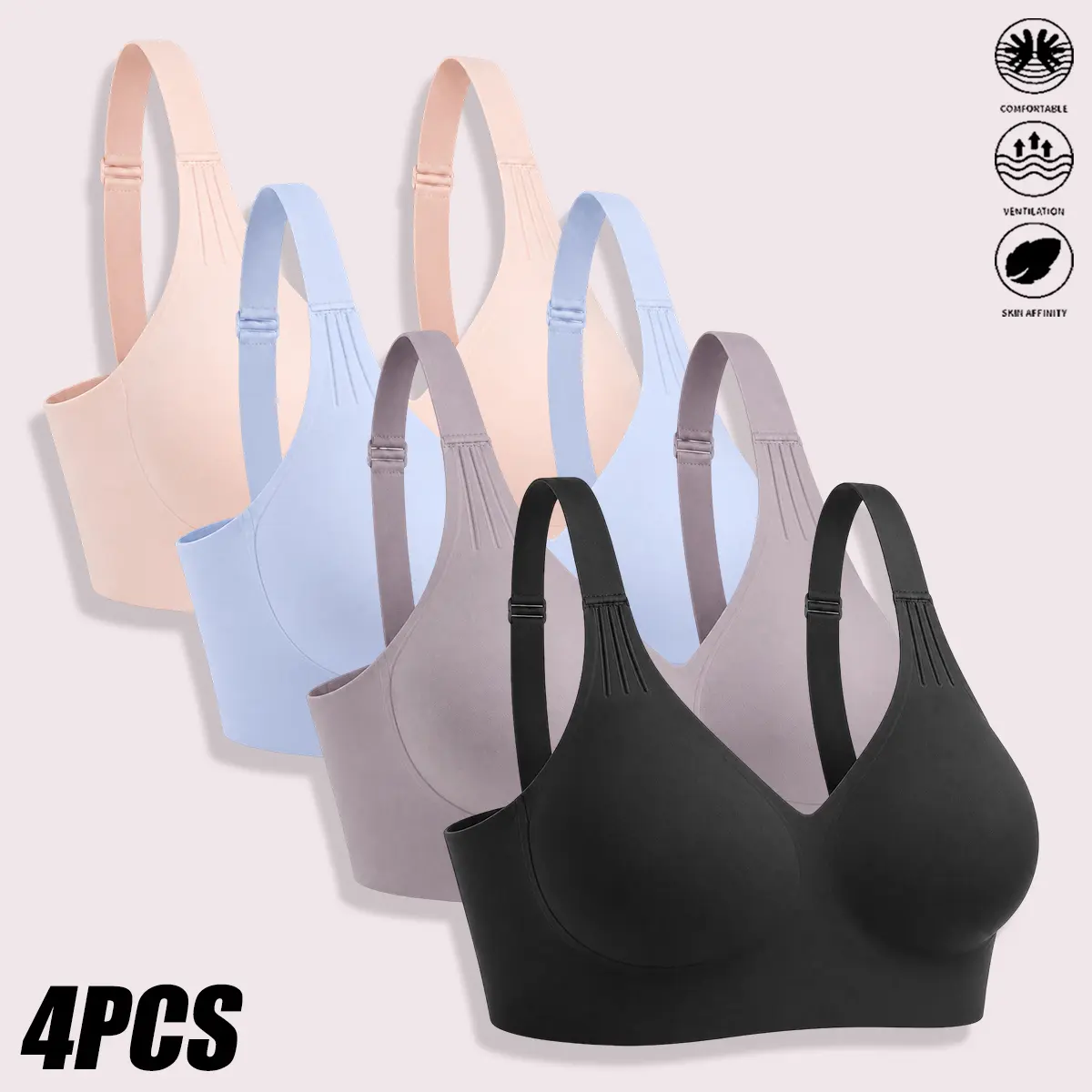4-Pack Women’s Seamless Wireless T-Shirt Bras, plush cloud air-flow skin-cuddling comfort bralettes with adjustable straps, molded no-bounce cups, seamless edge, invisible under clothing, soft pastel set in black, grey, blue, pink—ideal for work, commutin
