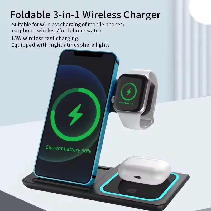 3-in-1 Wireless Charger Foldable Charging Station for iPhone 17 16 15 14 Pro Max 13 12 11 iWatch 9 8 7 6 5 4 3 2 SE AirPods 3 2 Pro Multiple Devices Compatible with Android Phones and Smartwatch