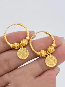 Vintage Golden Coin Charm Hoop Earrings Textured Beaded Gold Plated Earrings Jewelry Daily Vacation