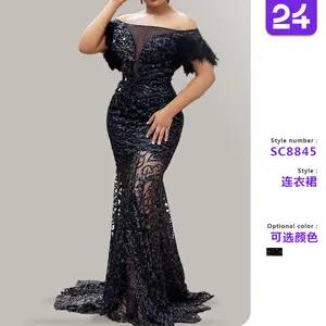 2025 new cross-border European and American women's dress one-shoulder sequined slim hip-wrapped mermaid evening dress