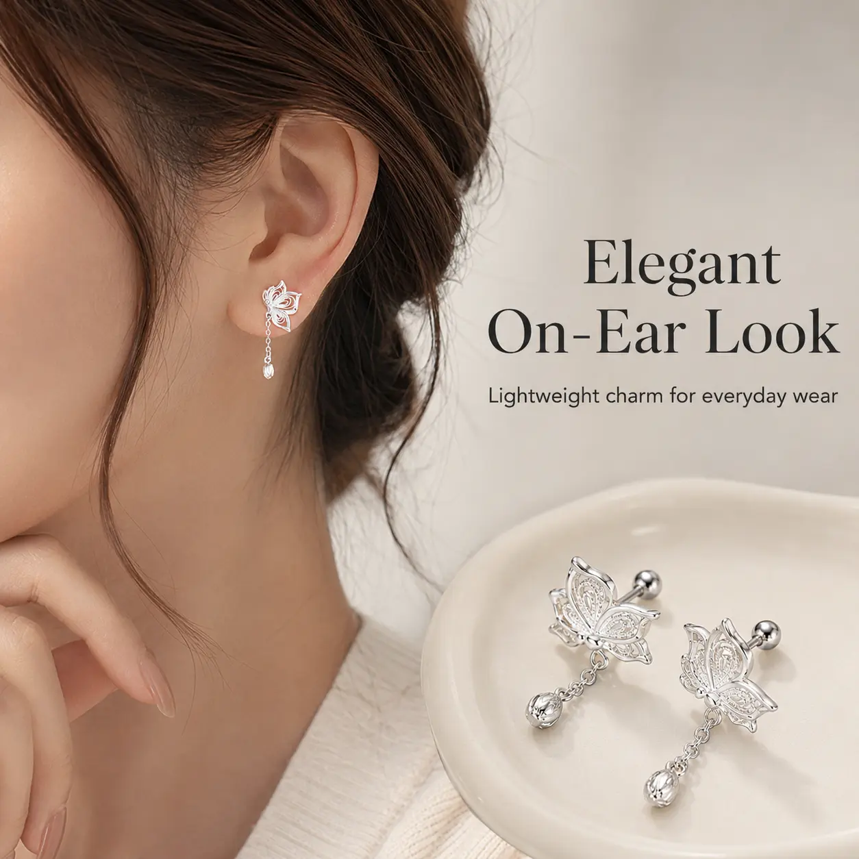 Women's Silver Tone Butterfly Filigree Dangle Teardrop Bead Earrings - Chain Dangle, Lightweight, Elegant, Secure Back Stud Earrings - Casual, Evening Wear, Birthday Gift for Girls Who Love Elegant Butterfly Jewelry Costume Accessory, Butterfly Motif, Dan