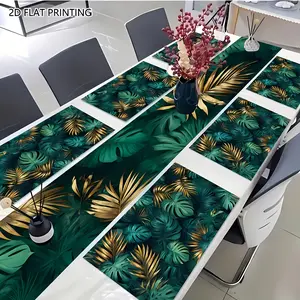 2D flat printing, 1/2/4/6/8 pieces table flag, Household placemat set, featuring tropical leaf design, golden texture, seasonal table arrangement, holiday celebration activities, indoor and outdoor dining decorations