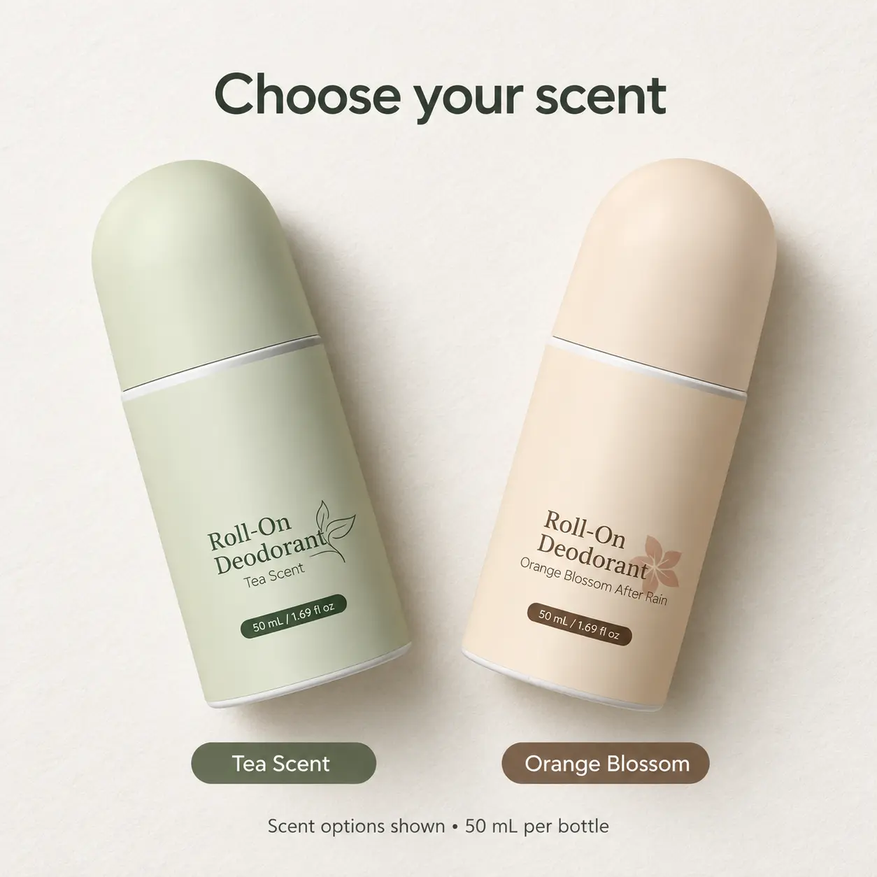 Roll-On Underarm Deodorant for Men & Women, 50 mL, Tea or Orange Blossom Scent, Compact Bottle for Daily Use & Travel