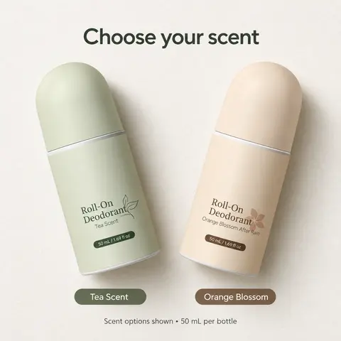 Roll-On Underarm Deodorant for Men & Women, 50 mL, Tea or Orange Blossom Scent, Compact Bottle for Daily Use & Travel