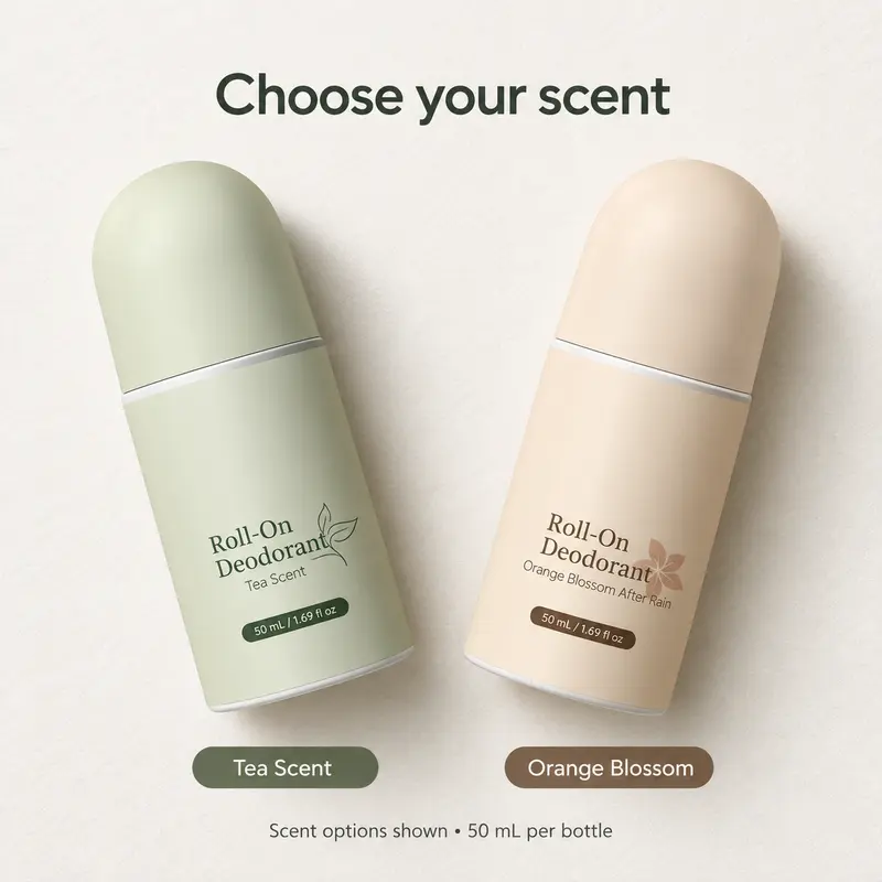 Roll-On Underarm Deodorant for Men & Women, 50 mL, Tea or Orange Blossom Scent, Compact Bottle for Daily Use & Travel