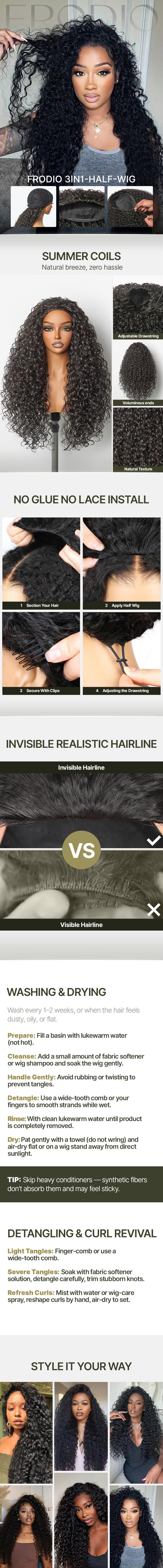 [Blend] Frodio 26" Veralux™ Blend Human Hair 3in1 Half Wig Curly Hair Ready To Wear Shaggy Waves Big Hair Curly Hair Wig TikTokShopBlackFriday