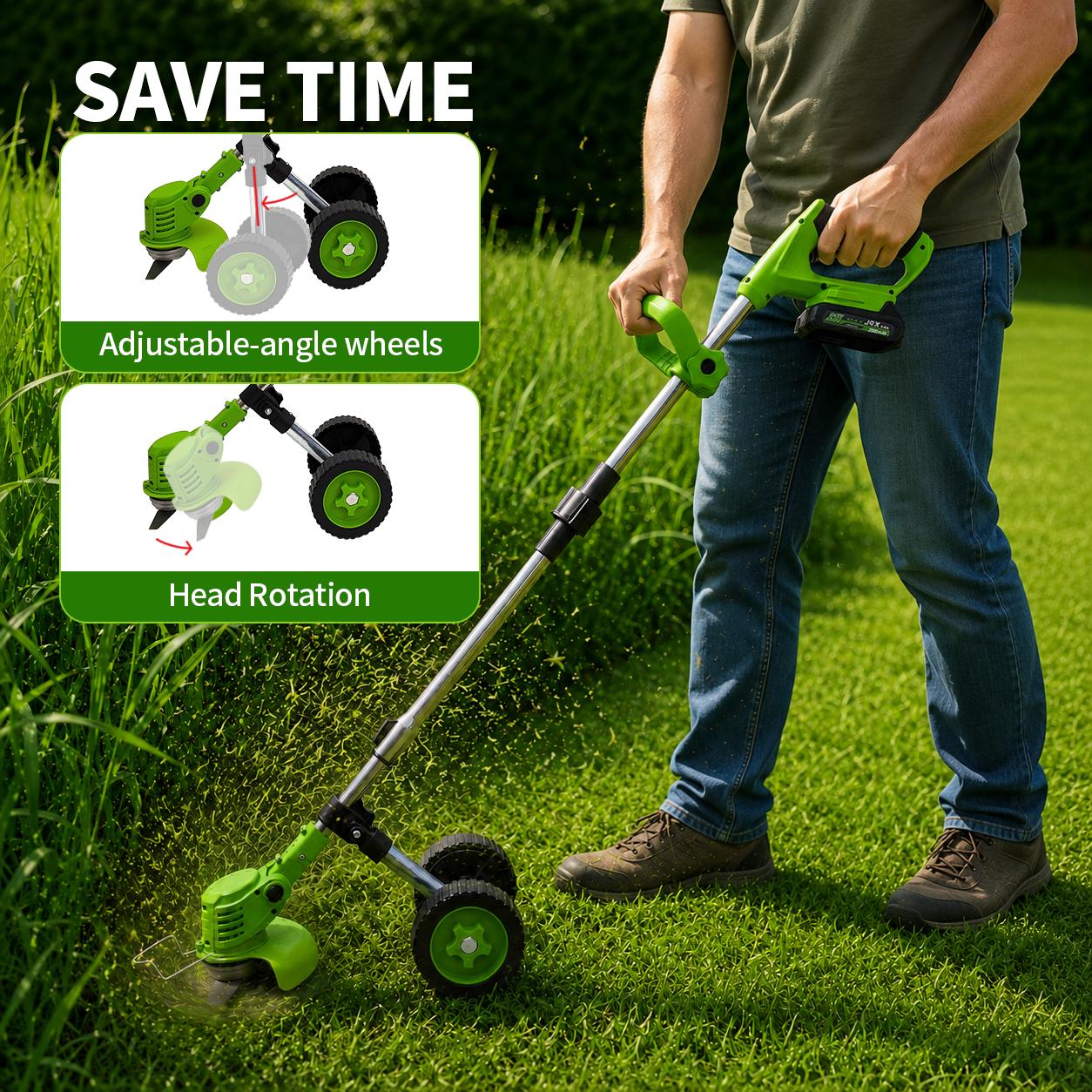 Cordless Weed Wacker with Wheels, Telescopic Brush Cutter with Tungsten Steel Saw & Metal Blades, 21V Max 3-in-1 Electric Trimmer for Yard Work, Father's Day Gifts,Women-friendly