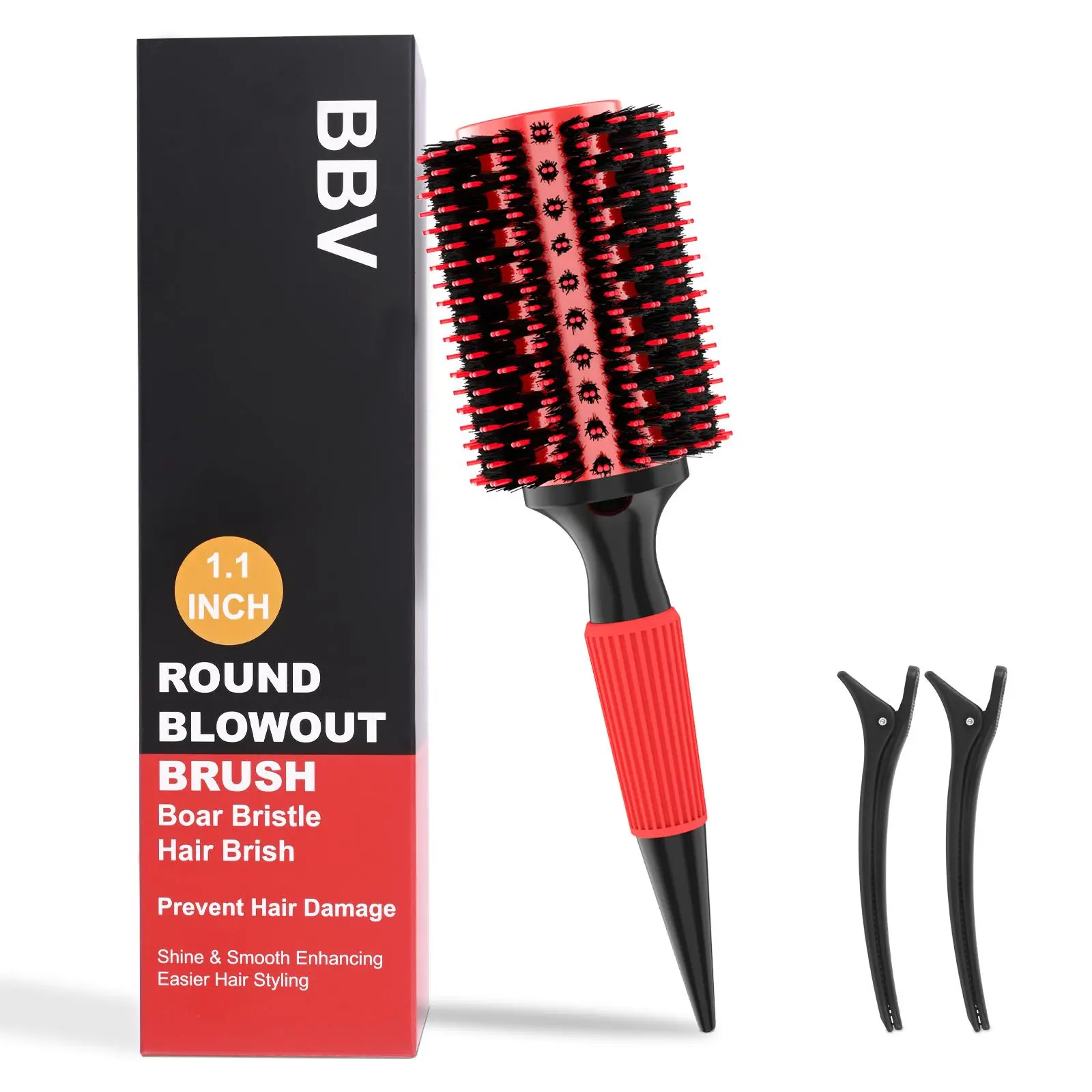 Round Blowout Hair Brush – Volumizing Curling & Styling Brush with Nylon and Boar Bristles for Smooth, Shiny Hair (Red & Black)