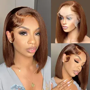 #4 Brown Bob Lace Front Wigs Human Hair Straight HD Transparent Blunt Cut Chocolate Brown Bob Wig Human Hair Wear and Go Glueless Wig Human Hair Pre Plucked Pre Cut Short Bob Wigs For Black Women