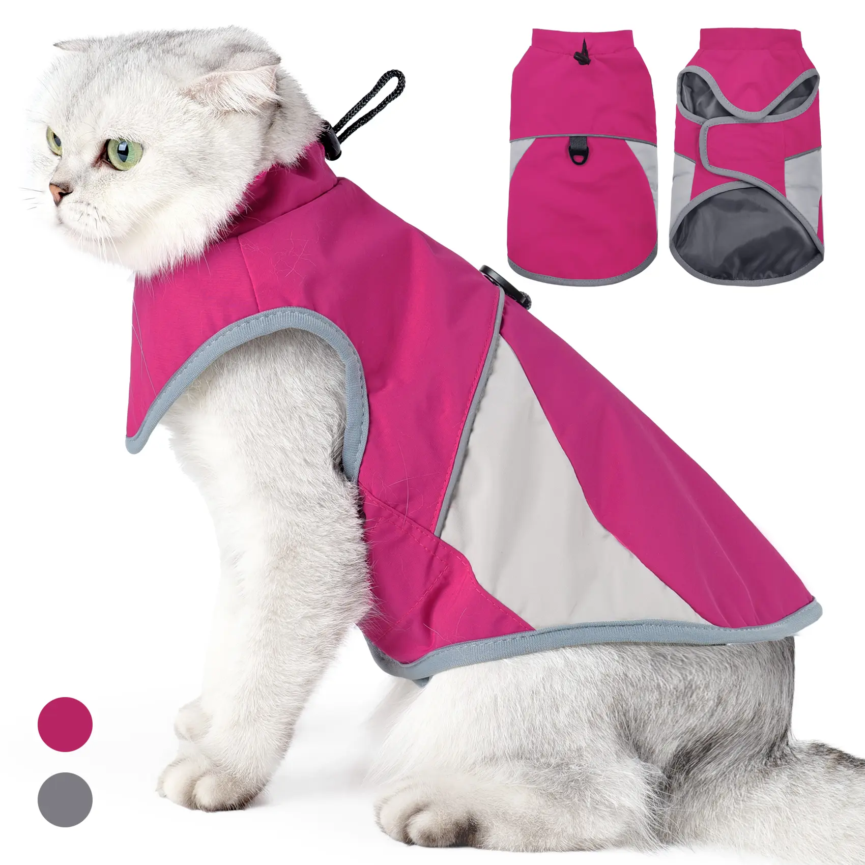 Cat Outdoor Jacket – Waterproof Windproof Nylon Pet Coat with Leash Hole – Reflective Strip Cat Windbreaker for Walking – Adjustable Collar Pet Rain Jacket