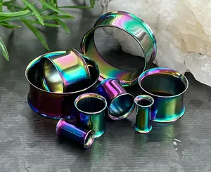 PAIR of Brilliant Rainbow Plated Steel Double Flare Tunnels/Plugs - Gauges - 8g (3mm) thru 1" (25mm)