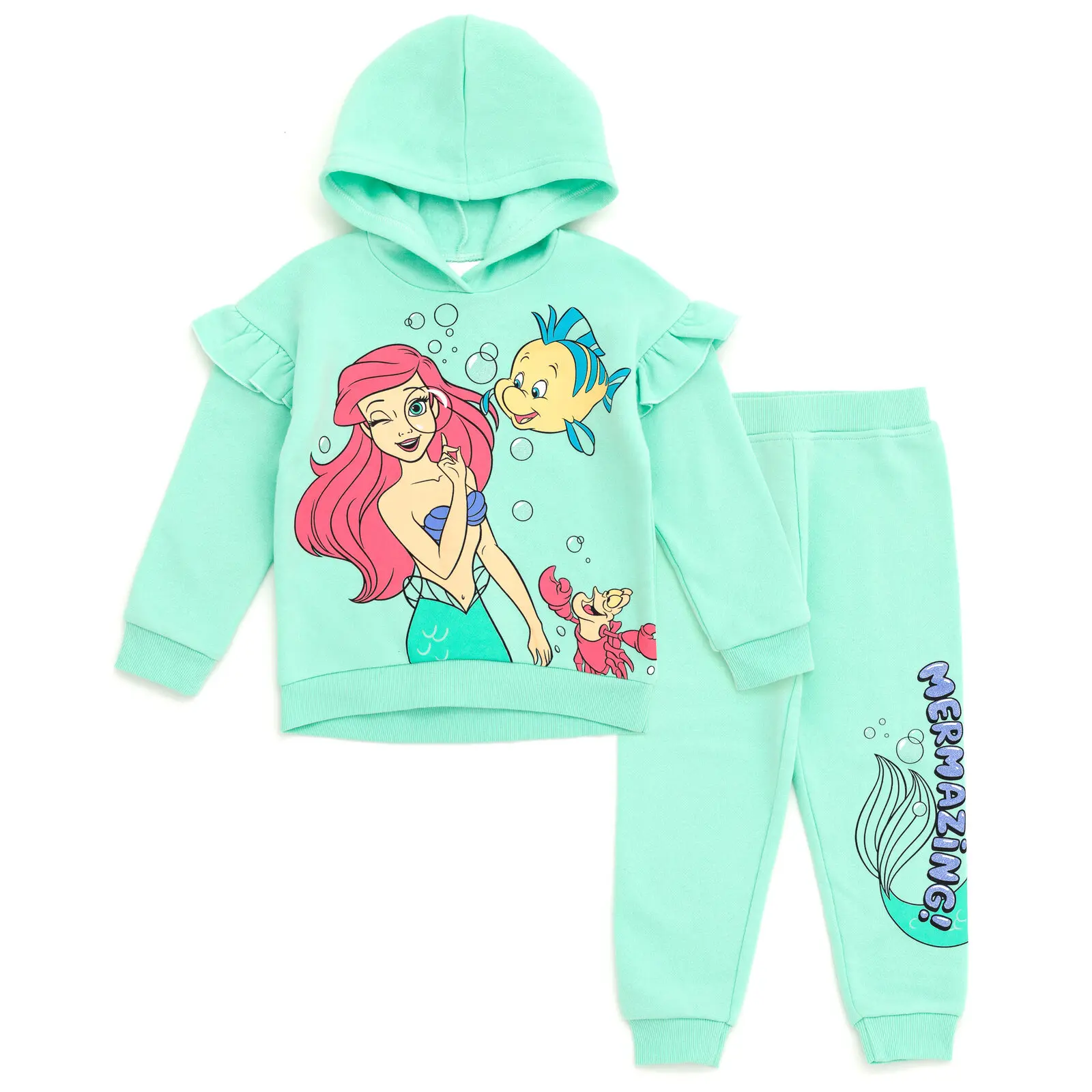 Disney The Little Mermaid 2-Piece Outfit Set, Mint Fleece Ariel Characters Print Hoodie with Glitter, Matching Cotton Blend Pants for Kids 3 - 4 Years, Jogger Pants, Graphic, 2T, Playtime, Ruffled Shoulders, Hooded Neck, Fleece Blend