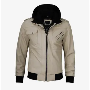 Men’s Beige Hooded Bomber Leather Jacket Lambskin Leather, Style, Removable Hoodie