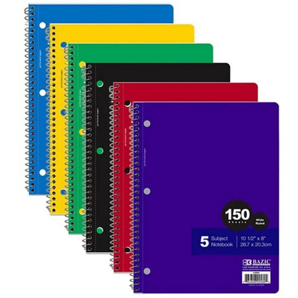 DDI 313148 BAZIC 5-Subject Wide-Ruled Spiral Coil Notebook - 24-Count Case, 150 Sheets, Assorted Cover Colors, Note Taking Notebook, School Study Supplies, Stationery Office Supplies, Student Stationary