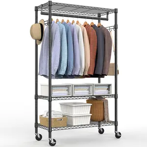 MZG Heavy Duty Rolling Garment Rack 3 Tiers Adjustable Wire Shelving Clothes Rack with Rods and Side Hooks,Storage Closet Clothing Rack with Wheels