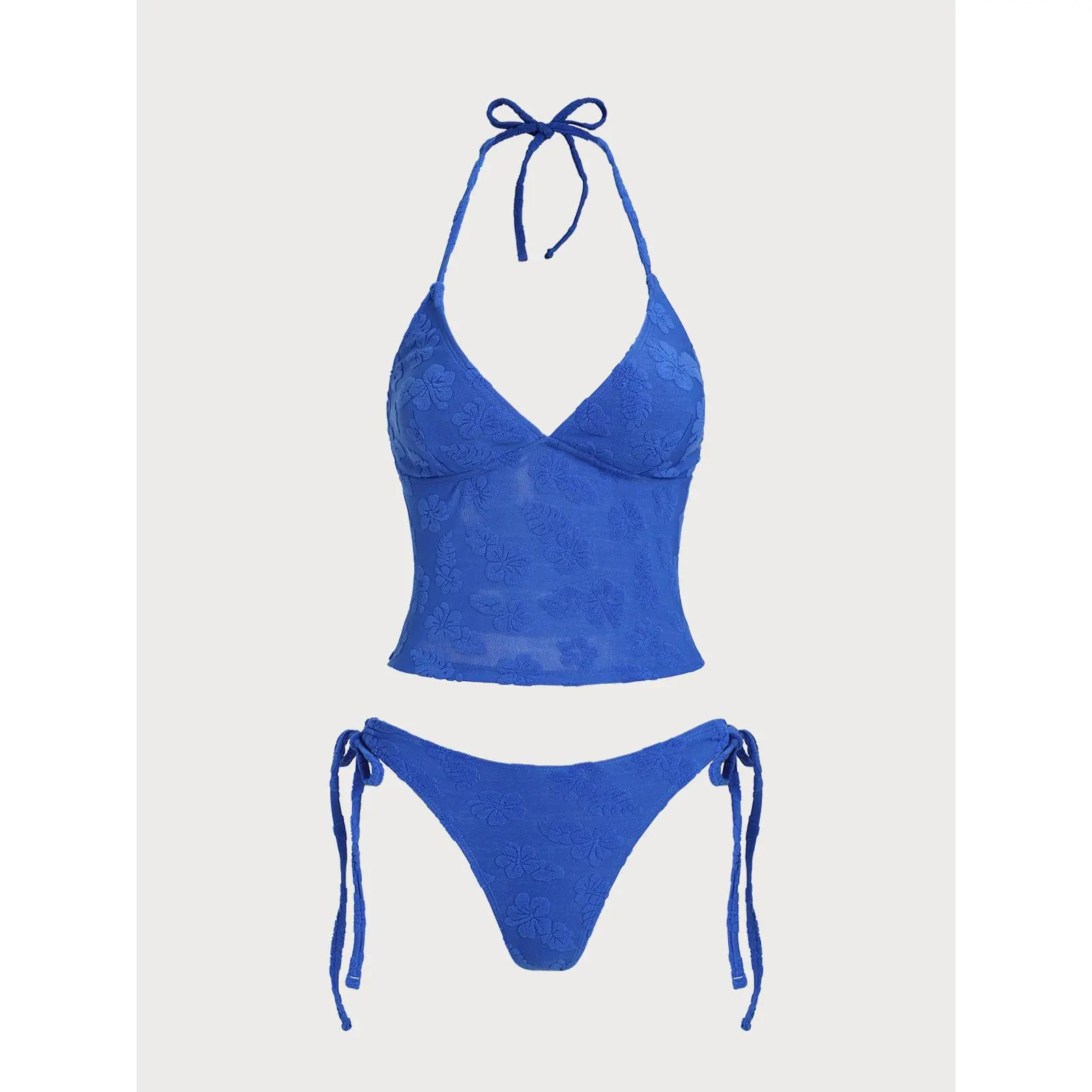 SAMIOL Women's 2-Piece Textured Tropical Floral Tankini Suit - V-Neck Knot Front, High-Stretch, 3/4 Cup with Removable Cups, Size M Beach Swimwear Sleeveless Flowy Swing Top Full Belly Coverage Non See Through Lining Elastic High Cut Shorts Wrinkle, Beach