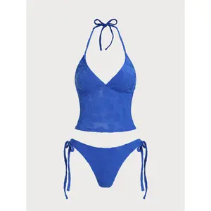 Blue Tropical Floral Terry Tankini Set Women Round Neck Casual Tankini Two Piece Bathing Suit Light Thin Skin Friendly Fabric Loose Version Easy Movement Family Beach Trip Swimming Wear