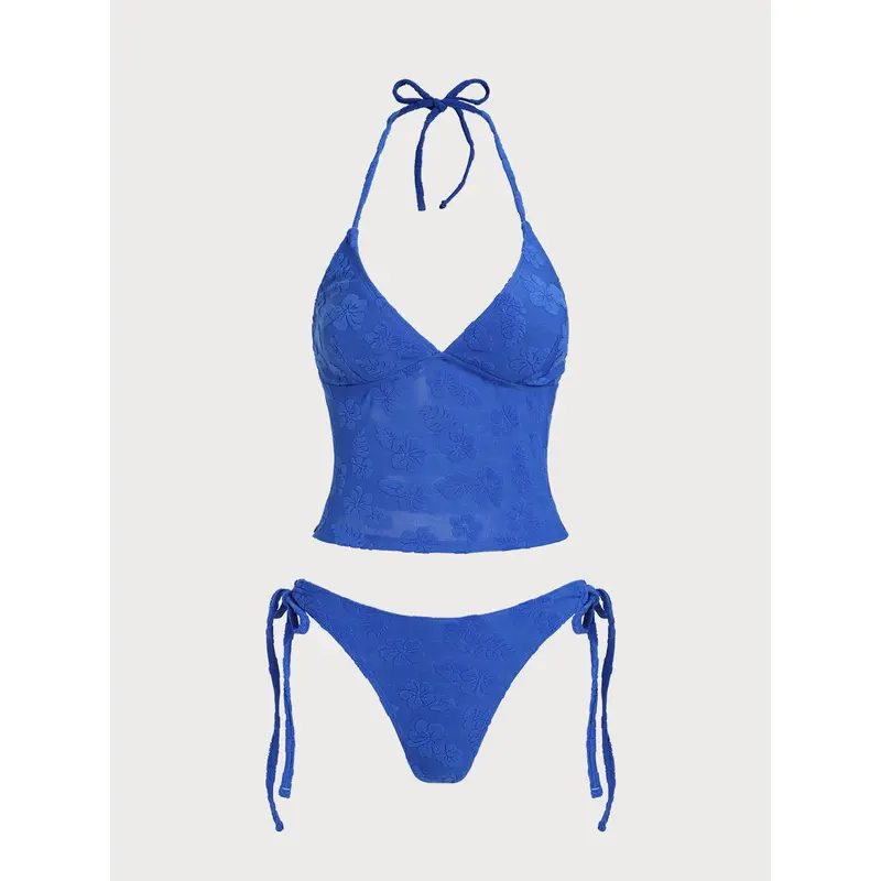 SAMIOL Women's 2-Piece Textured Tropical Floral Tankini Suit - V-Neck Knot Front, High-Stretch, 3/4 Cup with Removable Cups, Size M Beach Swimwear Sleeveless Flowy Swing Top Full Belly Coverage Non See Through Lining Elastic High Cut Shorts Wrinkle, Beach