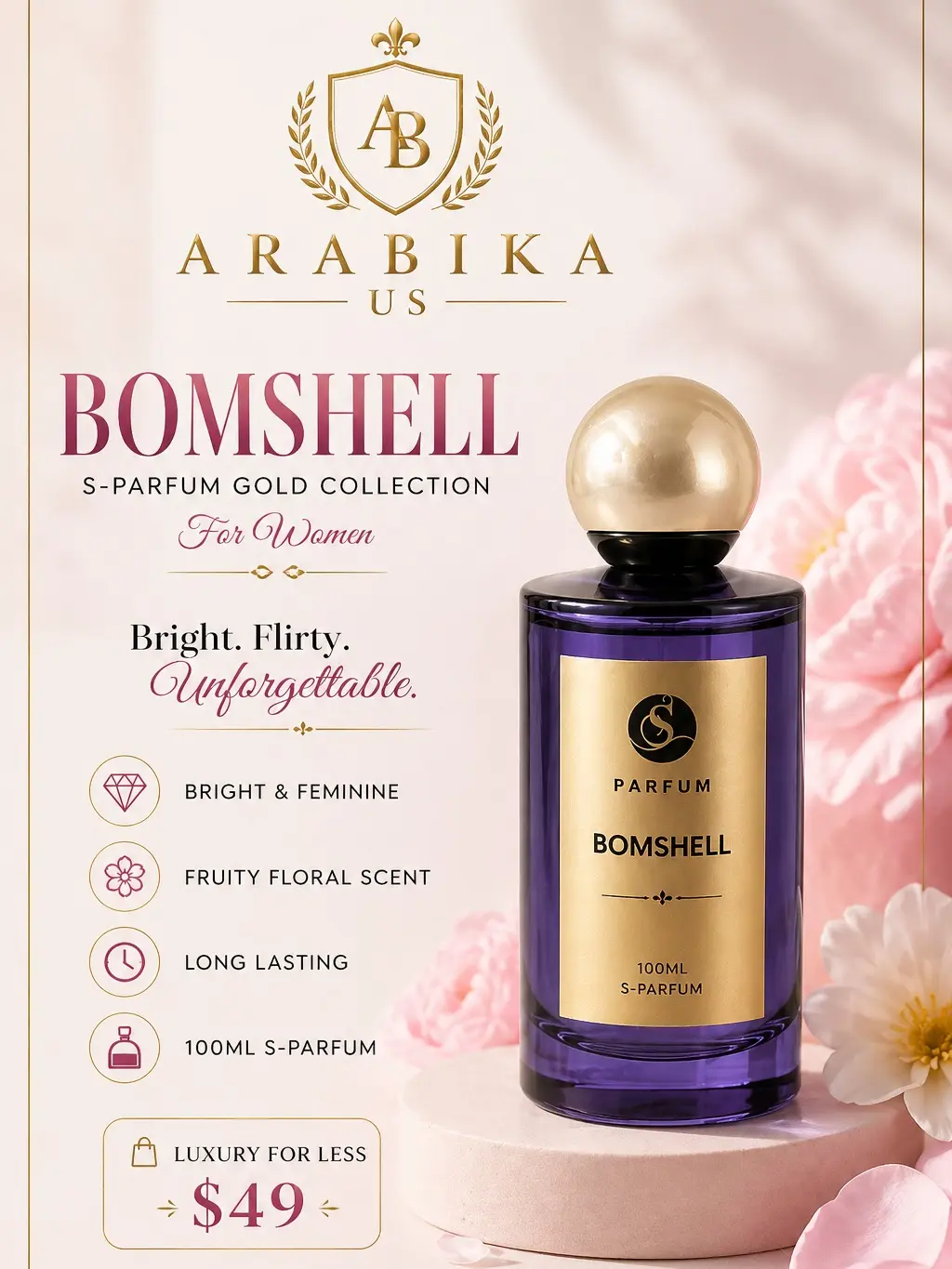Bomshell 100ml S-Parfum Gold Collection for Women - Fruity Floral Fresh Playful Fragrance