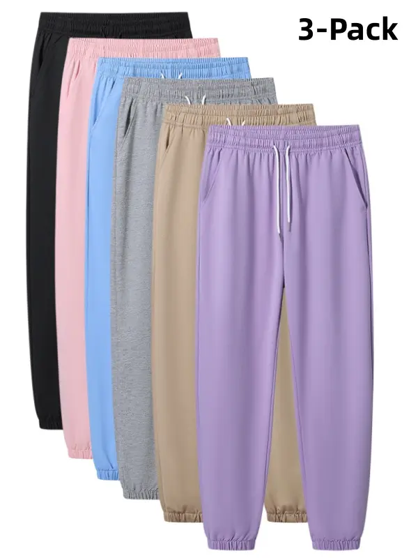 Women's Drawstring Jogger Sweatpants 3-Pack Elastic High Waist Cuffed Tapered Athletic Pants Assorted Solid Colors Great Value Soft Stretch Breathable Loose Fit for Loungewear Gym Workout Daily Casual Streetwear